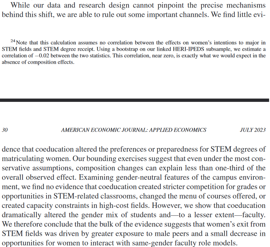 A_G_Benson's tweet photo. @MartinPerring @LinkofSunshine Here is the authors' take on why. They don't have affirmative evidence on what caused the decrease in STEM-majoring,  but they do rule out certain causes. https://t.co/cUSWJzjk40