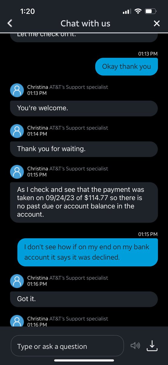 cuatro_belle's tweet photo. @ATT im super disappointed with you guys. i tried to tell y’all days ago i hadn’t paid my bill and your customer service rep said i did and even gave me a confirmation number now you’re trying to suspend my line smh 🤦‍♀️ https://t.co/xZqdPyjVov