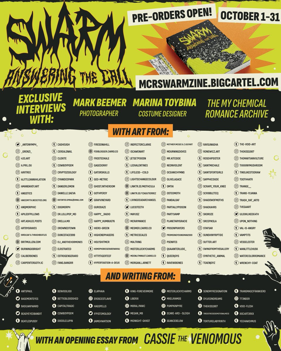 mcrswarmzine's tweet photo. LIVE, LAUGH, LAUNCH! 
We’re so excited to reveal that pre-orders for SWARM: Answering the Call, a new charity zine created by and for fans of My Chemical Romance as a tribute to MCR's incredible 2022-23 world tour, are officially OPEN. 👇🧵
 https://t.co/BEOXur1tOU
#mcrswarmzine https://t.co/ddfMmEUHK8