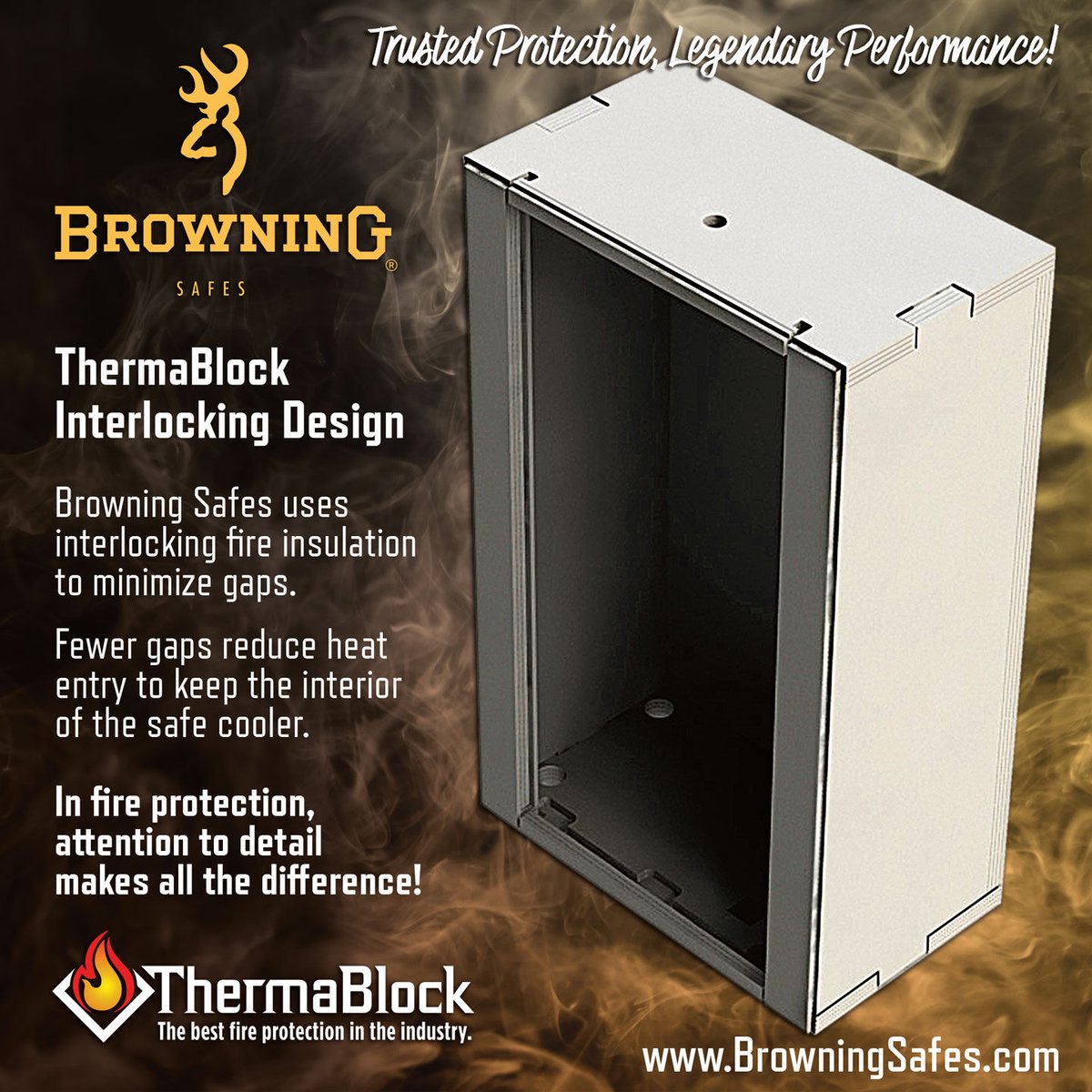 BrowningSafes's tweet photo. #BrowningSafes offers the best fire protection. Our #ThermaBlock protection system uses interlocking fire insulation to ensure a tight fit that minimizes gaps. Allowing Browning Safes to outlast the competition when it matters most. Shop today at https://t.co/ph56FlbMvc https://t.co/0mFibvI5sj