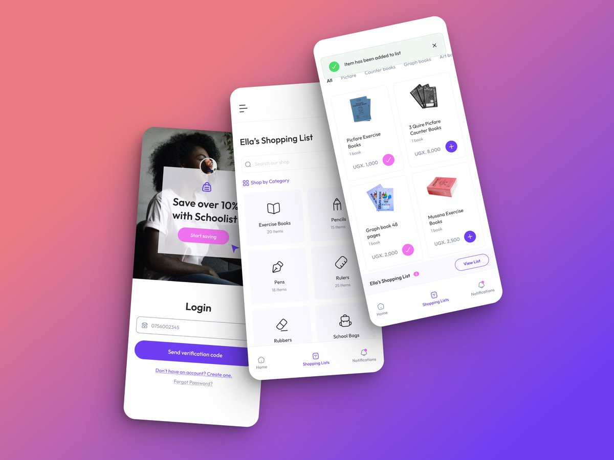 I designed a school requirements shopping app for busy parents. The  screens feature login screen, requirements categories screen and the  items screen where the users can purchase from. #uiuxdesign #designer #schoolshopping #DailyUI  - day 001
