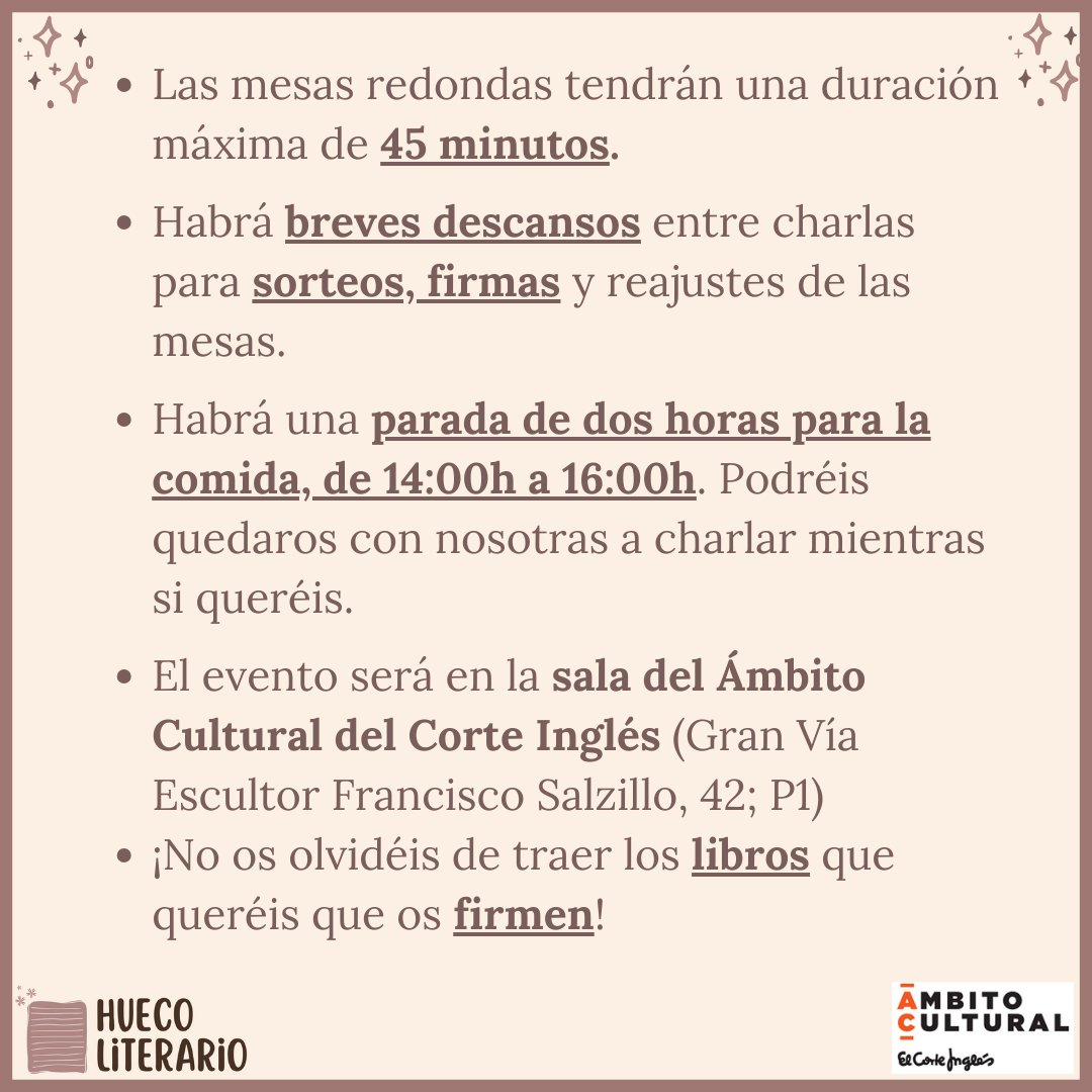 HuecoLiterario's tweet photo. Horarios oficiales del V Encuentro de Hueco Literario en la Feria del Libro de Murcia 📖💖.

🌻El sábado 7 de octubre estaremos en la sala del Ámbito Cultural para charlar sobre literatura con este cartelazo, firmas, sorteos y mucho más.  ¡No os lo perdáis! ¡Os esperamos👀✨! https://t.co/GeT30cDE2T