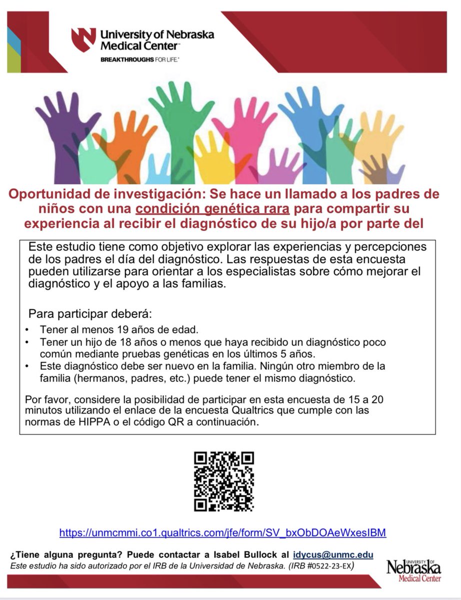 Pediatric Genetic Counselor @PedsGCAbby wants to hear from you!

Have you received a rare genetic diagnosis for your child in the past 5 years? If so, help us better understand the parent perspective by filling out the survey at the link below! @unmc

unmcmmi.co1.qualtrics.com/jfe/form/SV_bx…