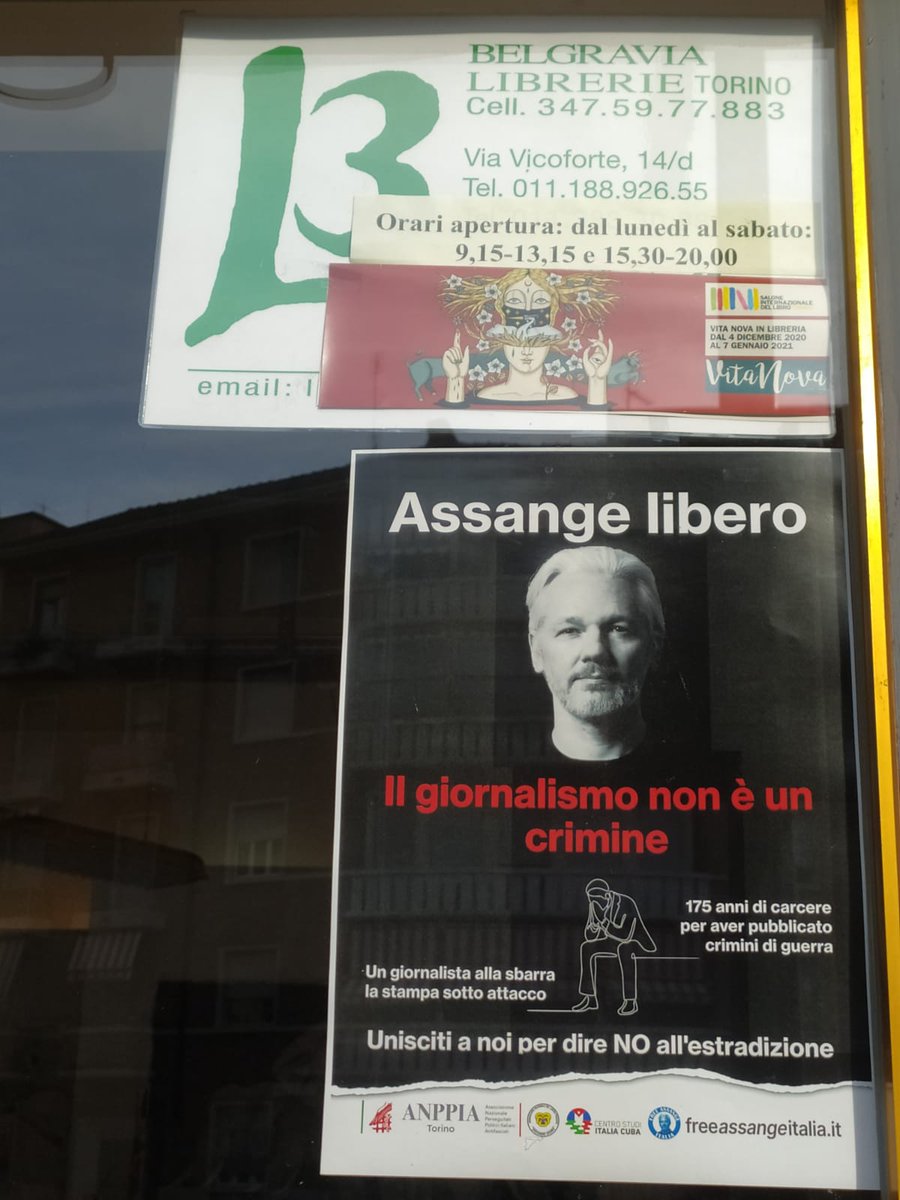 Si unisce alla nostra campagna di sensibilizzazione la
BELGRAVIA LIBRERIE
VIA VICOFORTE 14/D TORINO
Iniziativa promossa da Free Assange Italia in collaborazione con #ANPPIA Torino, l'Associazione Libero Pensiero ed il Centro Studi Italia-Cuba