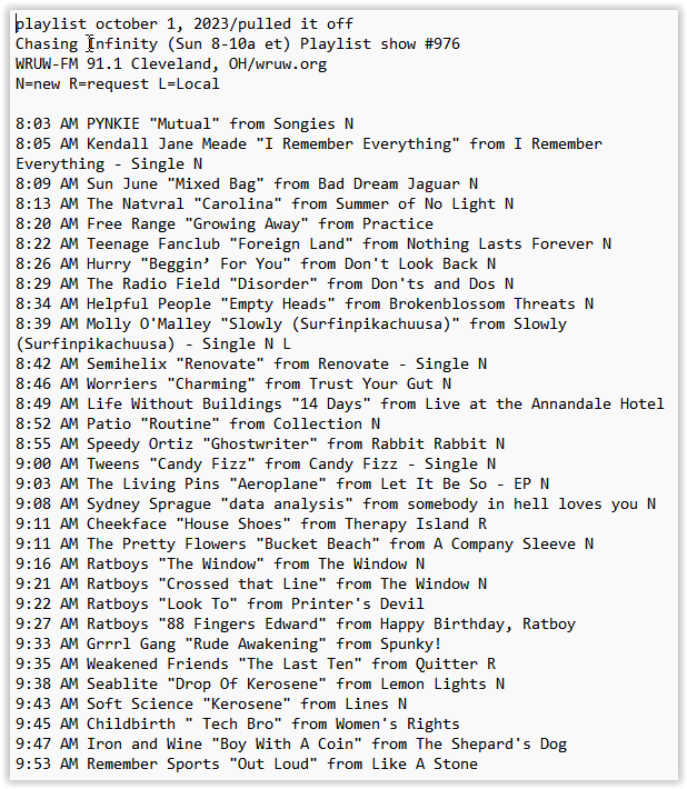 my @WRUW playlist this am feat: @PYNKIE3 @KJMascott @sunjunemusic @KipBerman @hurryband @mollyomalleyx @Semihelix @worriersmusic @sad13 @tweensband @sydneysprague @wkndfriends @cheekfaceREAL @Ratboysband @Neumannthehuman @grrrlgangband @seabliteband @livingpins + more ⬇️