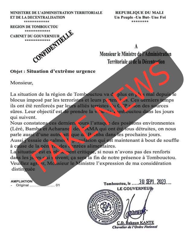 AzizMaigaNMP's tweet photo. Mali 🇲🇱/Fake News: Joint au téléphone, le gouverneur de #Tombouctou, me confirme que ce document, est un « faux document», qui ne vient aucunement de lui.@AzizMaigaNMP https://t.co/IxHovXPHcW