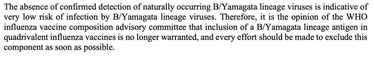 ▶️ <a href="/WHO/">World Health Organization (WHO)</a> #influenza #vaccine composition advisory committee recommended trivalent vaccines (two A-types (H1,H3) &amp; B/Victoria) for 2024 southern hemisphere influenza season

▶️ States inclusion of B/Yamagata in quadrivalent vaccines no longer warranted

🔗: who.int/publications/m…