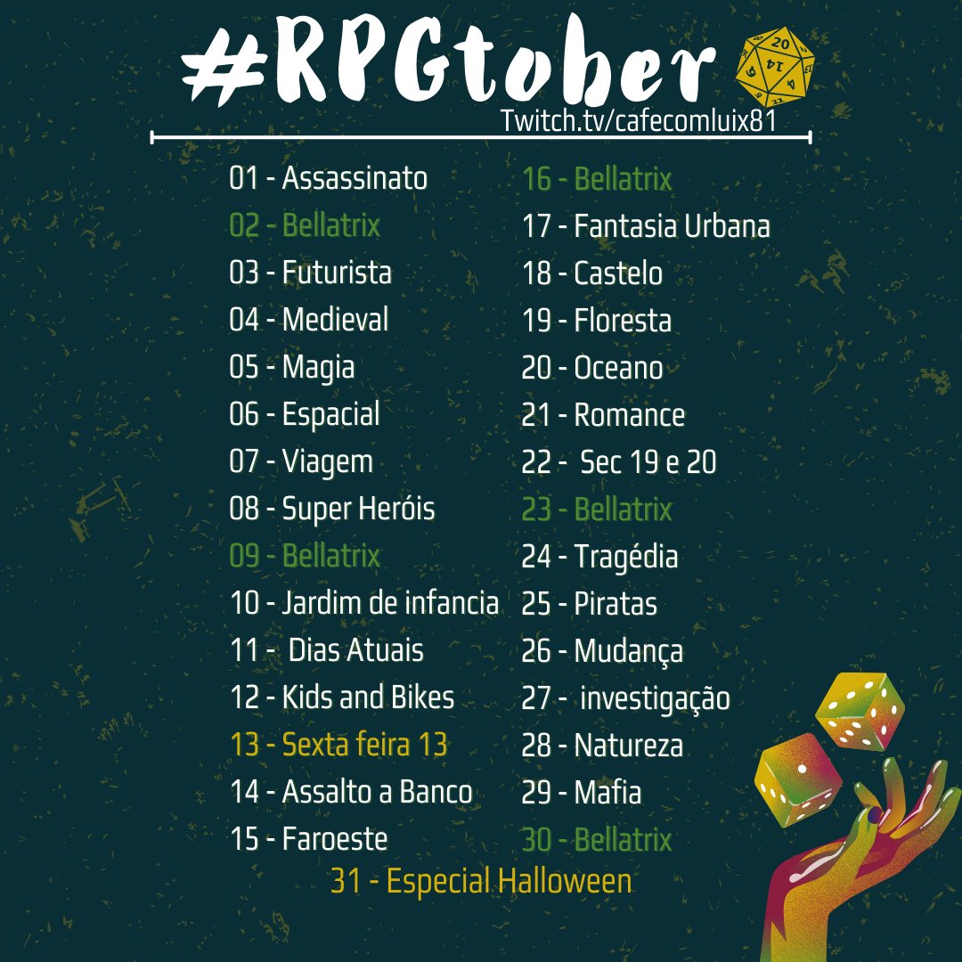 RPG_bellatrix's tweet photo. MUITO BOA NOITE!! Começa Hoje o Festival de RPG do RPGtober!! Que é basicamente um projeto aonde vamos narrar mesas de rpg em todos os dias do mês de Outubro, com vários temas diferentes, e você também pode participar!!
Se tiver interesse em participar de algum manda msg na DM!! https://t.co/El2i3vfGLi