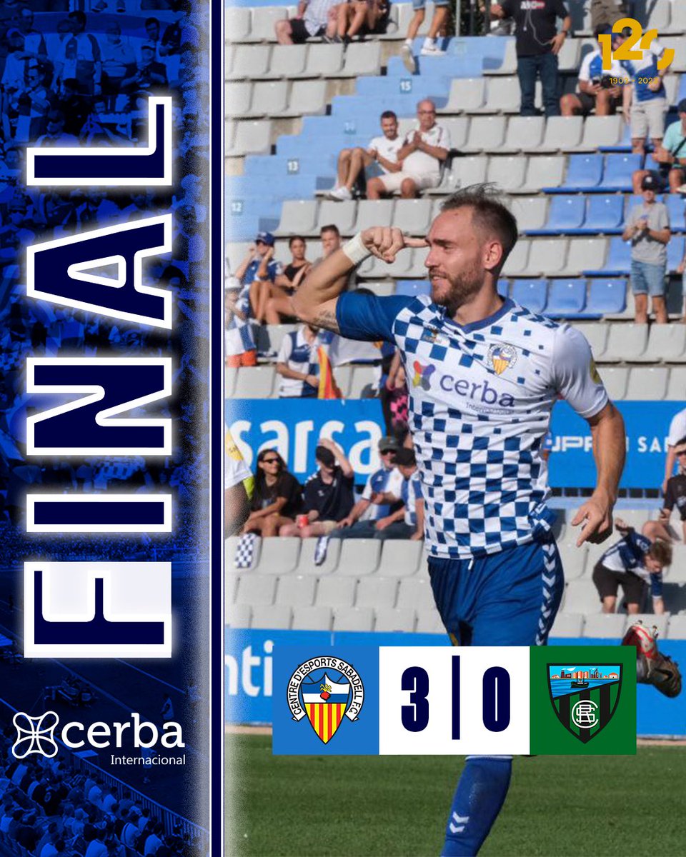 CESabadell's tweet photo. ⏱ 90' | 3-0 | #SabadellSestaoRiver

🔚 FINAL FINAL FINAAAL AL TEMPLE!! 

🔥 Grandíssima victòria en un partit dominat pels Arlequinats

💪🏼 Gran treball, equip!

#EscollimElSabadell https://t.co/uNOR1dHbas