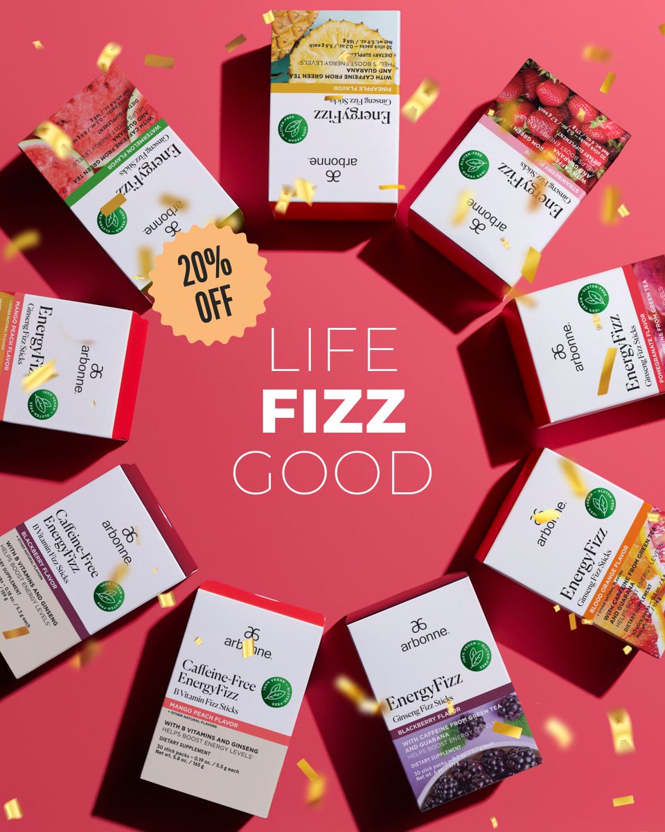 arbonne's tweet photo. Have you heard? We’re celebrating 15 years of energy with 20% off ALL EnergyFizz flavors! 🎉 Head to https://t.co/eboj4ZieFq to get your favorites before they run out. 🛒 

#Arbonne #ArbonneFizz #Nutrition #FizzSticks #Promo https://t.co/QQS1X8z6rl