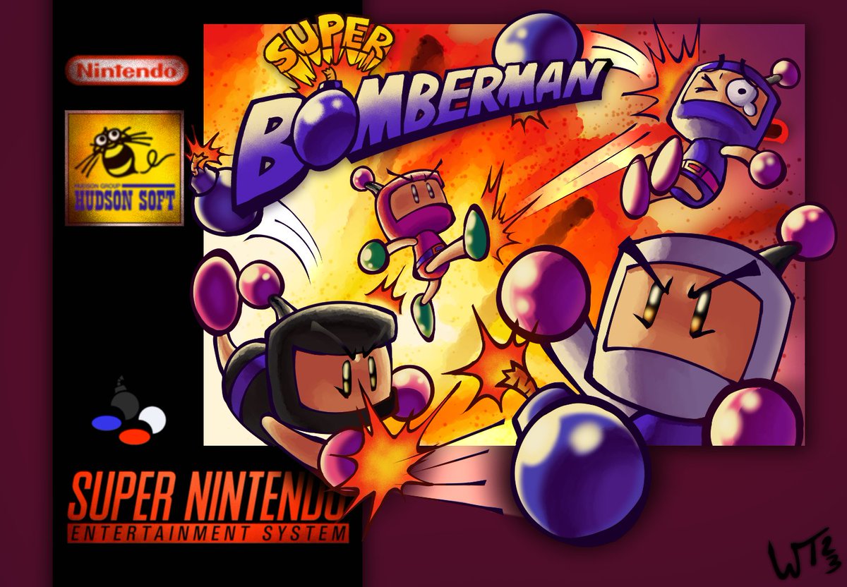 Super Bomberman cover I did for an assignment 
(I had to do a mastercopy of something)
originally it was just the bombermen but I liked how it came out and wanted to finish it
#bomberman