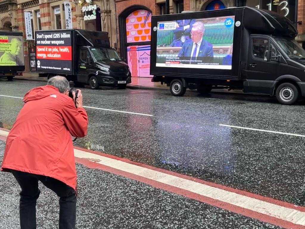 NLC_2019's tweet image. The #NLCVan made an appearance at the  Conservative Conference in Manchester @MENnewsdesk #CPC23

Did you get our message @michaelgove ??

#LeaseholdersTogether 
@EOCS_Official @LKPleasehold