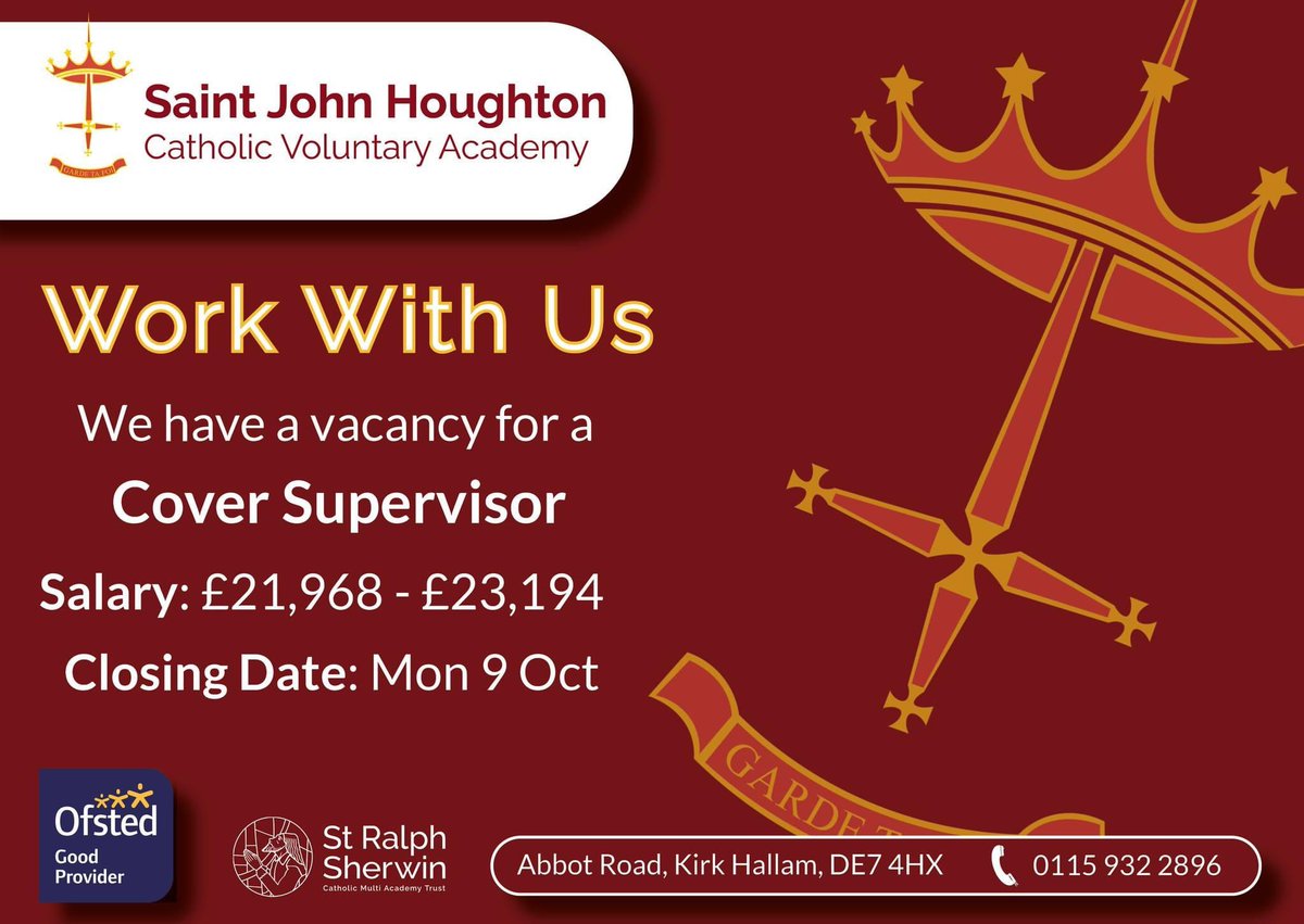 📣We are hiring 📣 We are recruiting a Cover Supervisor. Come and join our Saint John Houghton family! Please share. Apply now! bit.ly/3PZl3TA