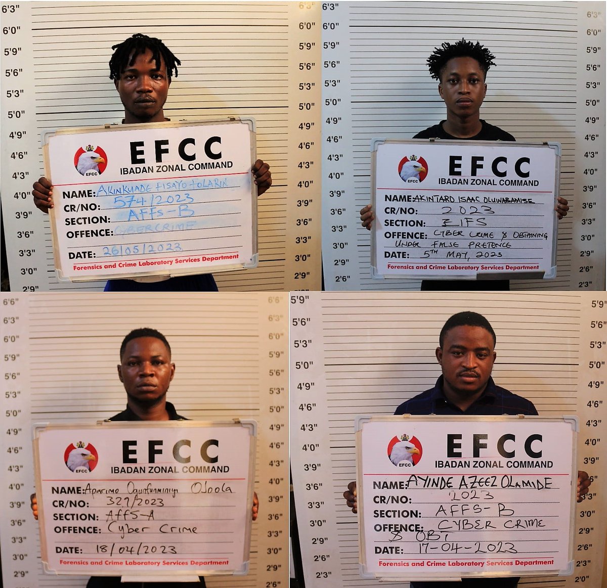 Oyo Court Sends 20 Internet Fraudsters to Jail

Justices Ladiran Akintola and Kamorudeen Olawoyin of the Oyo State High Court sitting in Ibadan,  have convicted and sentenced 20 (twenty) internet fraudsters to different jail terms.  

They were jailed after pleading guilty to
