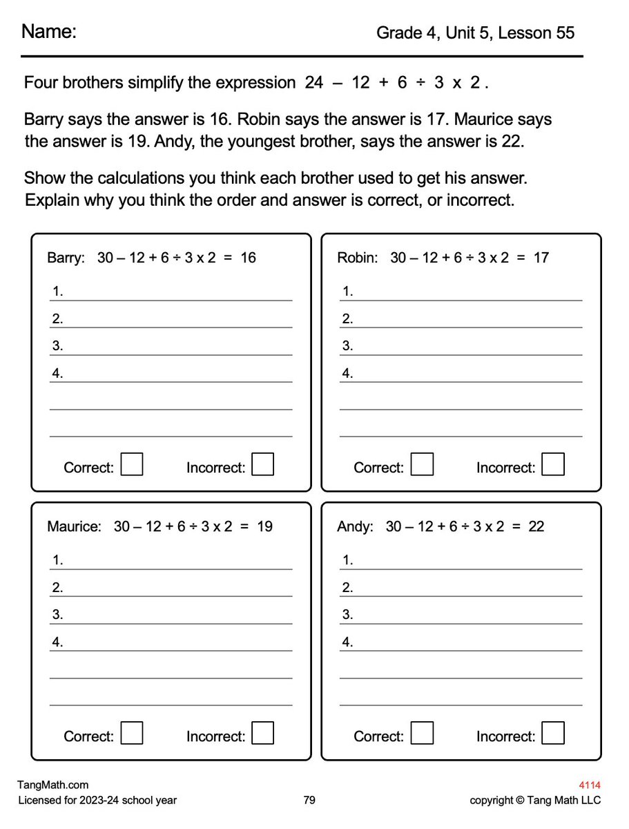 Word problems are great for anchor tasks/exploration. I'm writing one for every lesson. Our TangMath.com curriculum emphasizes both correct answers &amp; common mistakes/misconceptions. Which brother makes a common mistake? Will this activity help with order of operations?