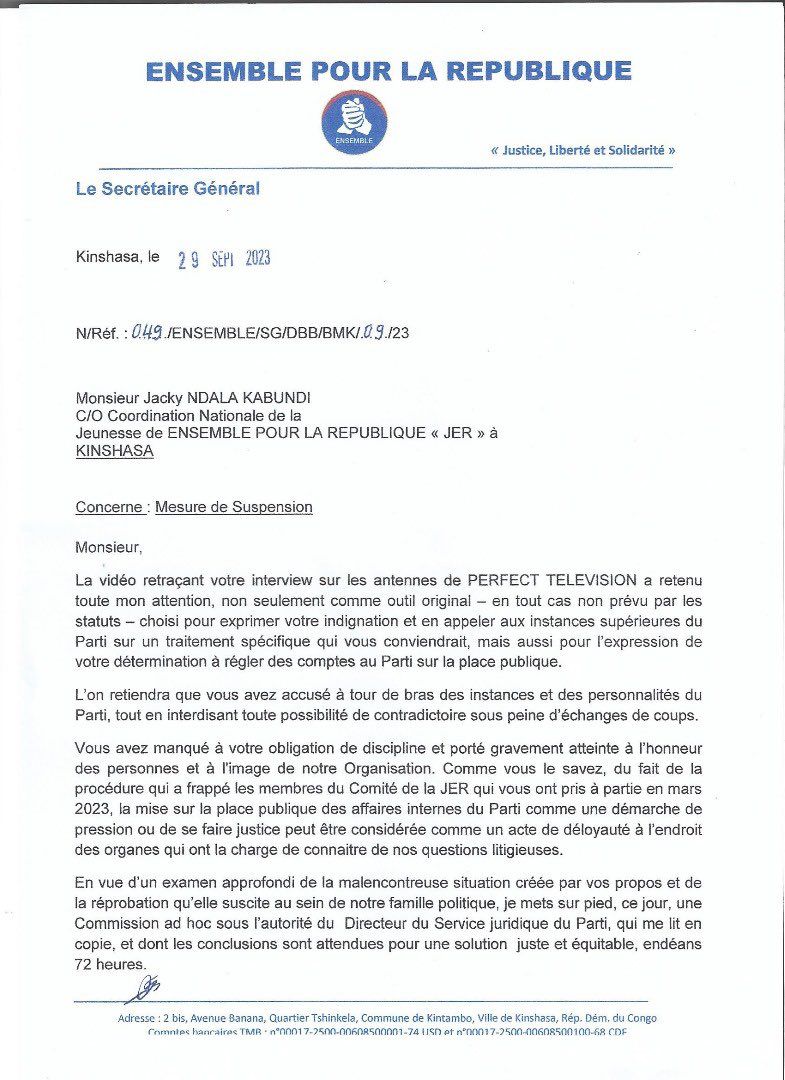 Gaston_Ndjulu's tweet image. #FLASH : @FullNdala, coordonnateur national de la #JER est suspendu de ses fonctions au sein du parti @Ensemble_MK.
Communiqué signé @bolengetenge, Secrétaire Général du parti.
@DFCofficiel01 @moise_katumbi @Inamizi2 @abelamundala