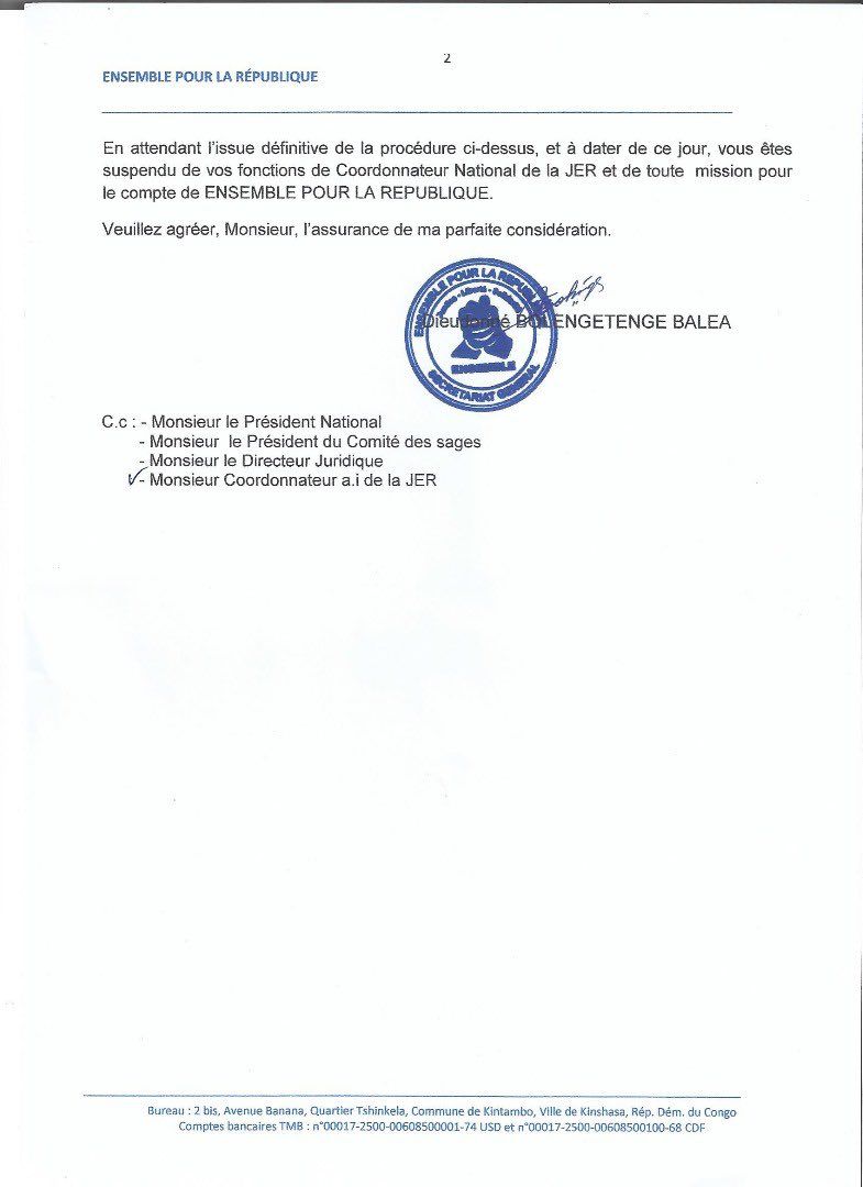 Gaston_Ndjulu's tweet image. #FLASH : @FullNdala, coordonnateur national de la #JER est suspendu de ses fonctions au sein du parti @Ensemble_MK.
Communiqué signé @bolengetenge, Secrétaire Général du parti.
@DFCofficiel01 @moise_katumbi @Inamizi2 @abelamundala