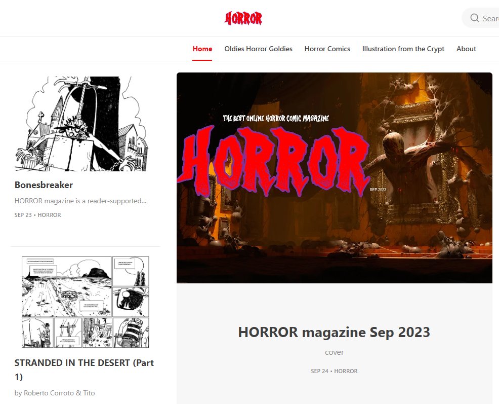 Nuestro querido #ErtitoMontana ha arrancado recientemente el proyecto HORROR magazine en <a href="/substack/"></a> y nosotros deseando que lo pete muy fuerte. Si algún autor está interesado en colaborar puede mandarnos un MD por aquí y nosotros se lo trasladamos: horrorcomics.substack.com