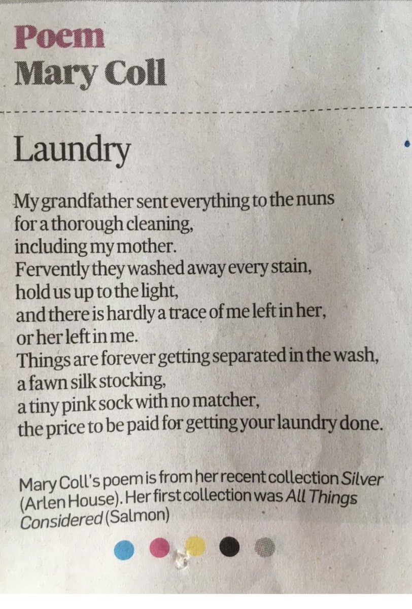 “My grandfather sent everything to the nuns for a thorough cleaning 
Including my mother” 

Poem by Mary Coll

#MagdaleneLaundries
#MotherAndBabyHomes
Because she was #AnUnmarroedMother
Because he could 

💔