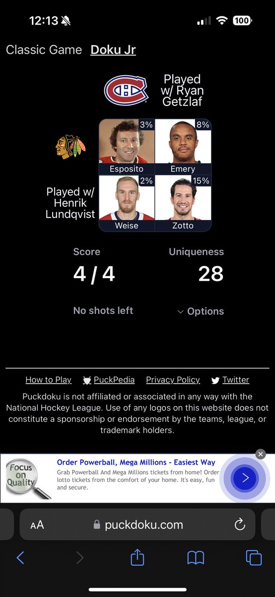 EngleLaw29's tweet photo. @puckdoku Puckdoku Doku Jr - 4/4🏆:

28 Uniqueness
🟩🟩
🟩🟩

https://t.co/0lqXxOZLUu https://t.co/Ilxt4NgAfW