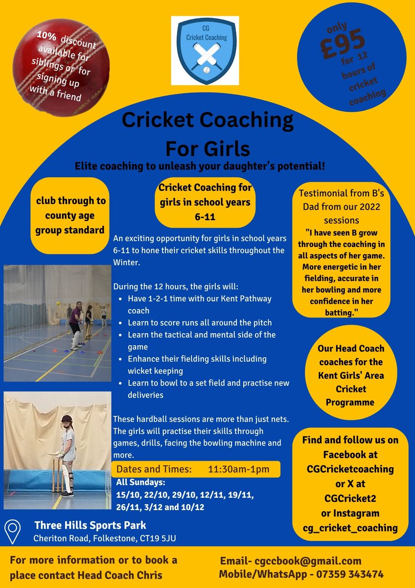 3 weeks until the first sessions! So, whether your daughter is new to cricket or looking to build on existing skills, we can cater for all players. We have a really good coach to player ratio and work on a range of skills throughout the 8 weeks. @KentCricketDev @cricketforgirls