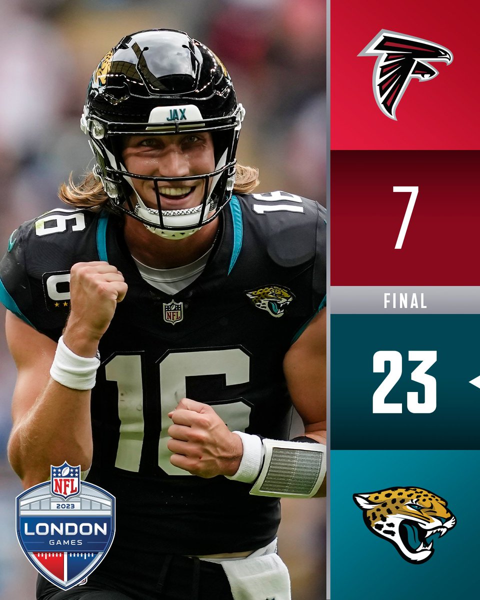 NFL's tweet image. FINAL: @Jaguars celebrate a win in London! #NFLLondonGames #ATLvsJAX @NFLUK