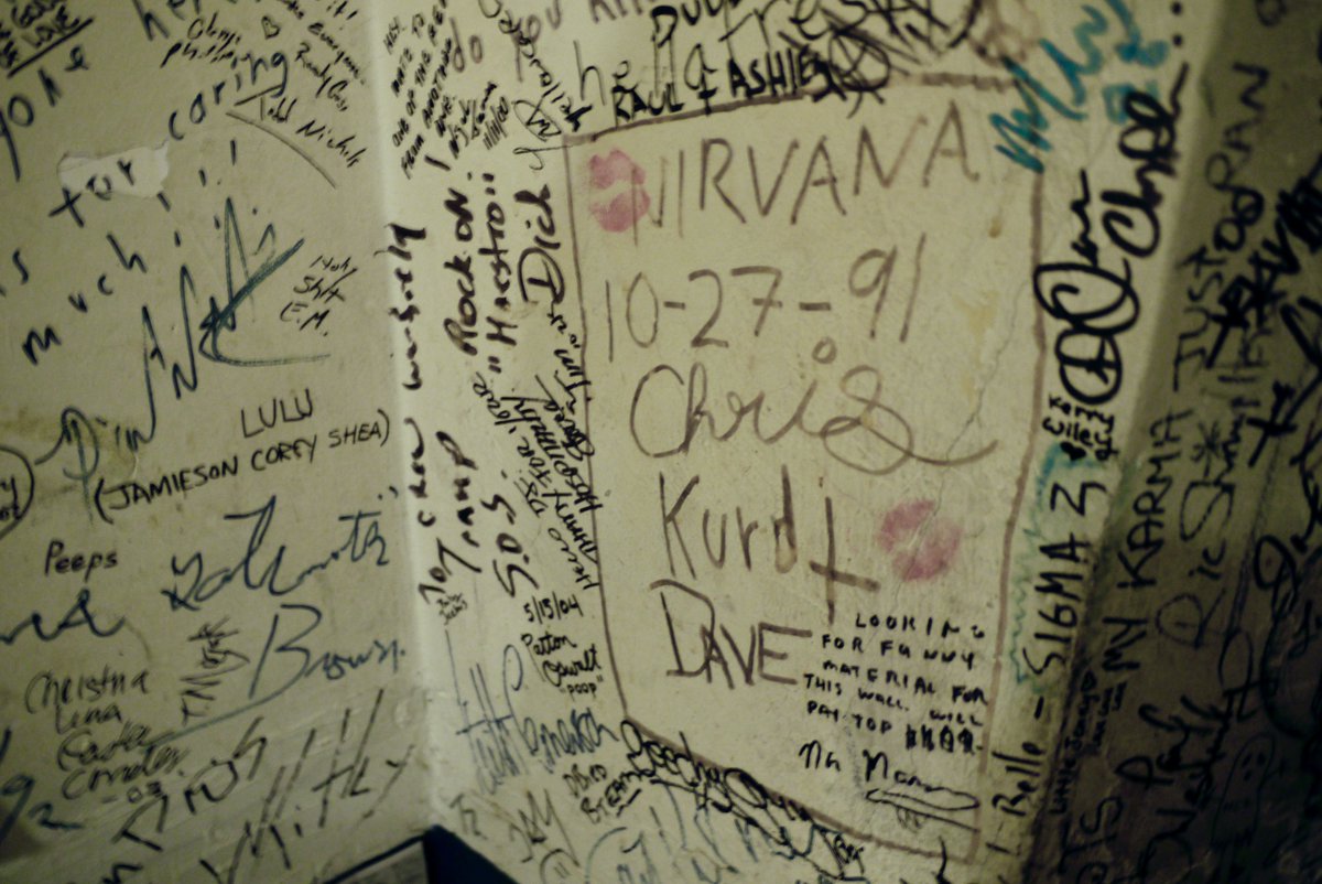 chrissteinplays's tweet photo. Nirvana's autographs on the wall of the Warfield's office SF https://t.co/MOiXu9ECZ7