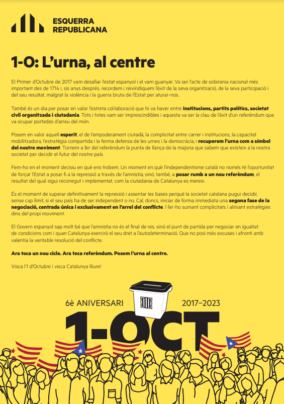 ERC_SantFeliu's tweet photo. L'U d'octubre de 2017 vam desafiar l'estat espanyol i el vam guanyar. Sis anys de l'acte de sobirania més gran i important del nostre país

Sis anys on tots i totes vam ser imprescindibles, aquesta va ser la clau de l'èxit d'un referèndum que va ocupar portades d'arreu del món https://t.co/Ykb7i3W5uM