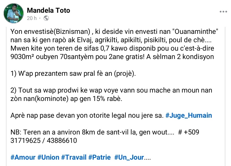 Makay_Hayti's tweet photo. 🇭🇹👇🏾👏🏾
Se pou ou! 
Kouri pran li, yon kout fil. 
Sispann repete ayisyen se djab, yo sesi yo sela, n ap enteryorize mesaj divizyon.

  Gade bèl jès yon ayisyen! https://t.co/rOeiJ3klvd