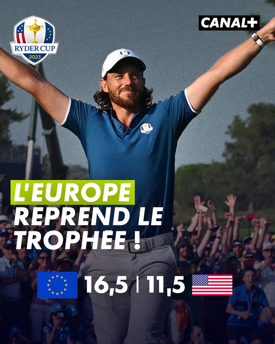 Canalplusgolf's tweet photo. L'Europe vainqueur de la Ryder Cup 2023 ! 🇪🇺🏆

Après un vendredi unique en menant 4 à 0, Rory McIlroy et ses équipiers s'imposent à Rome 👏

Les Européens poursuivent leur série d'invincibilité à domicile, qui tient depuis 1993 📊 https://t.co/mIMg6UNwP8