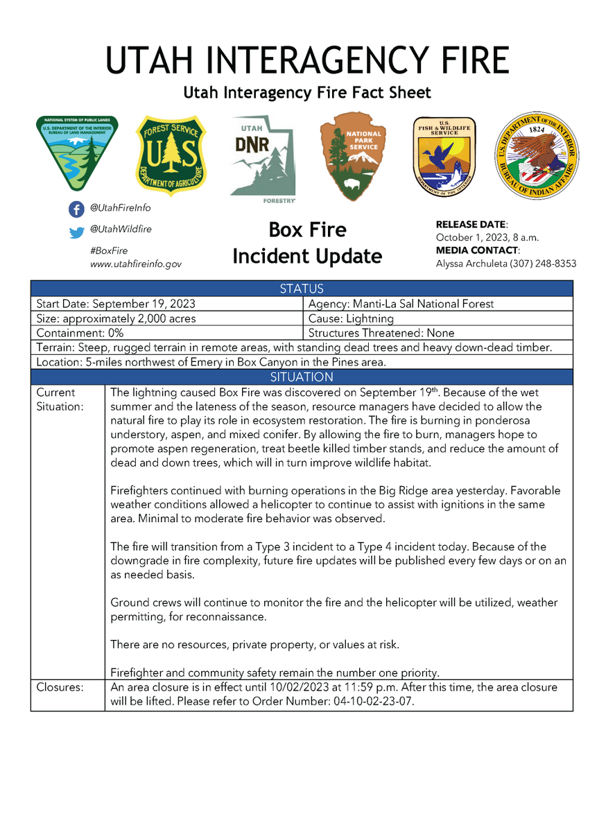 UtahWildfire's tweet photo. Firefighters on the #BoxFire continued with burning operations in the Big Ridge area yesterday. Ground crews will continue to monitor the fire. The fire will transition from a Type 3 incident to a Type 4 incident today. https://t.co/KNsNcKHi5z