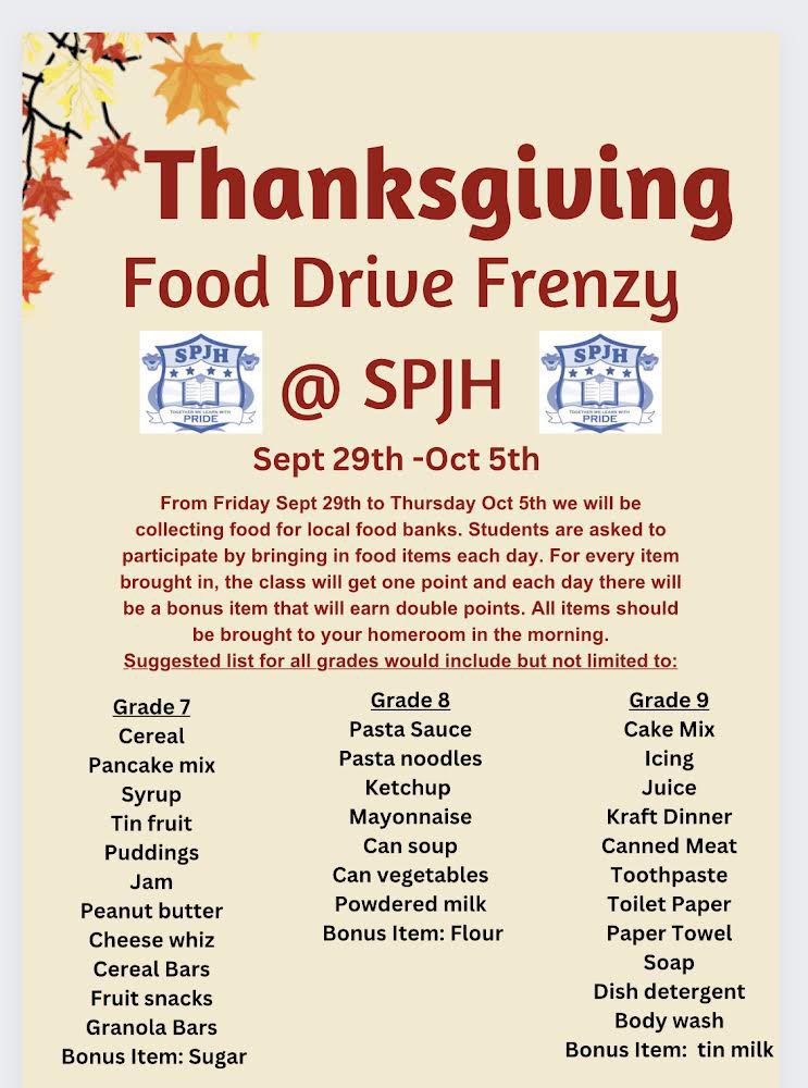 If you’re out and about this weekend, please consider picking up an item or two for our Thanksgiving food drive! 
Ongoing until Thursday, Oct 5! 🦃😊❤️
<a href="/SPJHPythons/">SPJH</a>