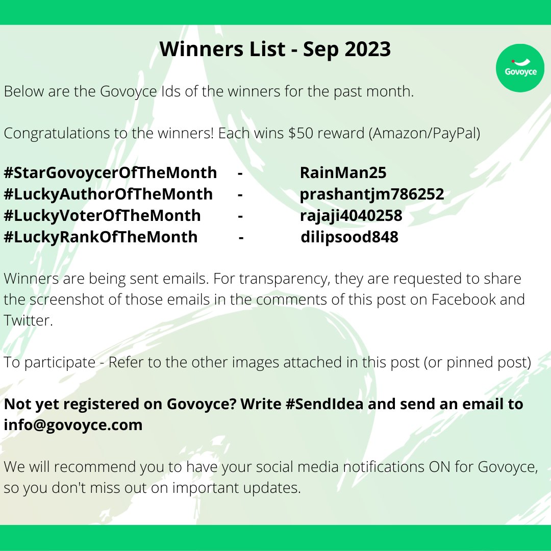 Govoyce's tweet photo. Govoyce monthly rewards 🏆 for the month of September 

Attached is the list of 4 monthly winners ($50 each)        

Comment below explains selection of all rewards         

Congratulations to the winners!      

For rules, refer to the images  #Giveaway https://t.co/ua1E4vTHJK