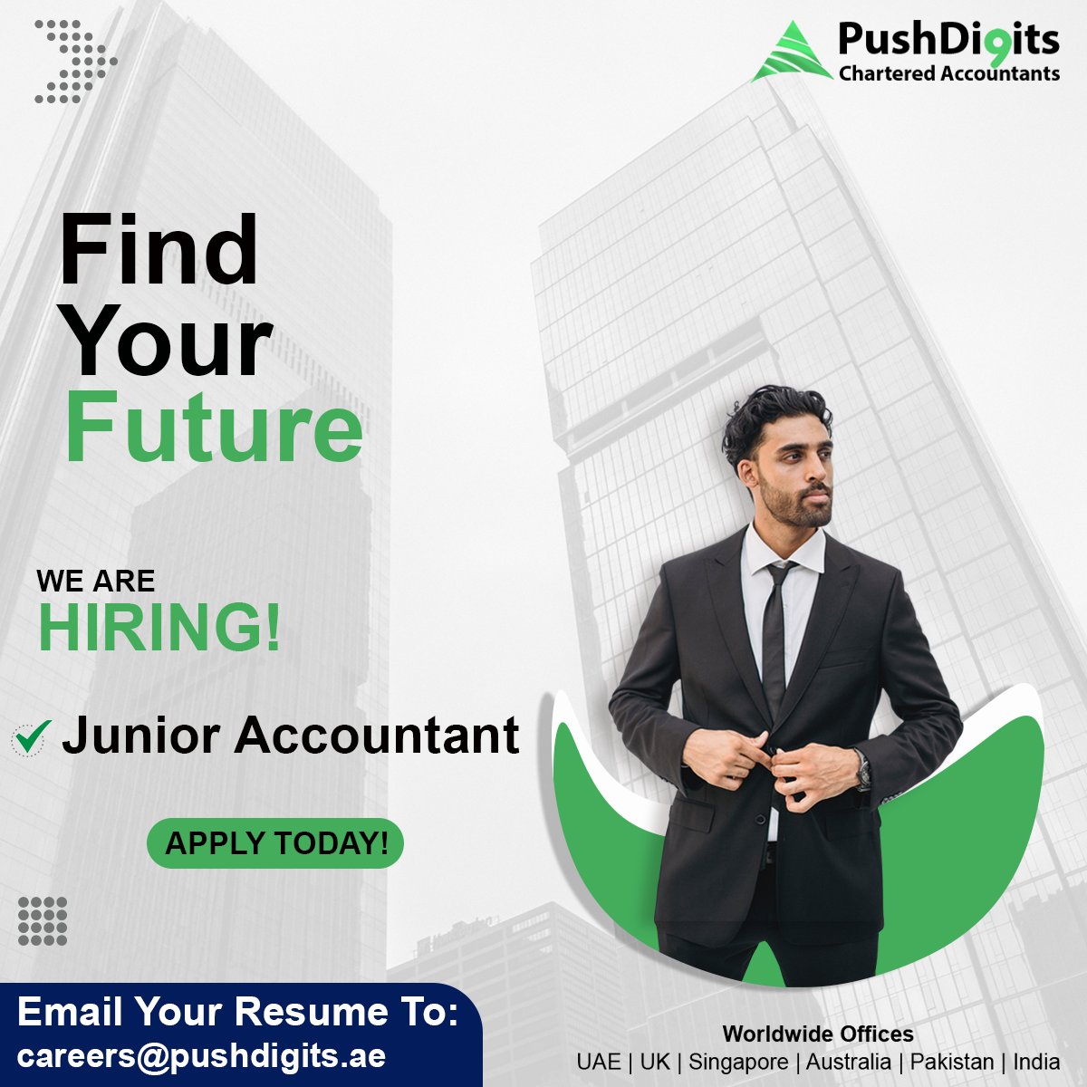 pushdigitsuk's tweet image. Job: Junior Accountant 
Lahore, Pakistan 
Push Digits  

We&apos;re an equal-opportunity employer dedicated to excellence in accounting and auditing services, driven by integrity and professionalism. Junior Accountant wanted. Manage client accounts.  Apply at careers@pushdigits.ae.
