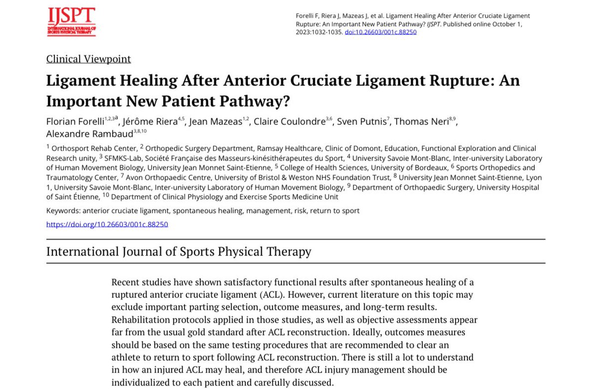 ▶️ Our clinical viewpoint in <a href="/IJSPT/">IJSPT</a>
📌 All  ACL rupture can’t heal
📌 Bracing management doesn’t optimize knee function
📌 ACL rupture management should be individualized
📌 Further investigations are needed on RTS with ACL healing
<a href="/biscaphysio/">Jerome Riera</a> <a href="/AJM_Rambaud/">Alexandre Rambaud PT PhD 🇫🇷</a> <a href="/SvenKnee/">Sven Putnis</a> <a href="/TeamACL_/">Team ACL</a>