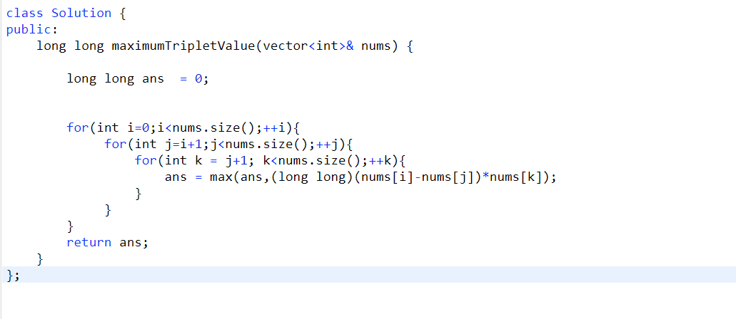 KhatikSwwapnil's tweet photo. Day 64 of #100DaysOfCode : Solved 'Maximum Value of an Ordered Triplet '  #Cplusplus. Implemented proper brute force for the challenge very very easy questions. #CodingChallenge #ProgrammingWin #LeetCode #code #programming #coding #codinglife 📷 https://t.co/ebtkIhcY5r