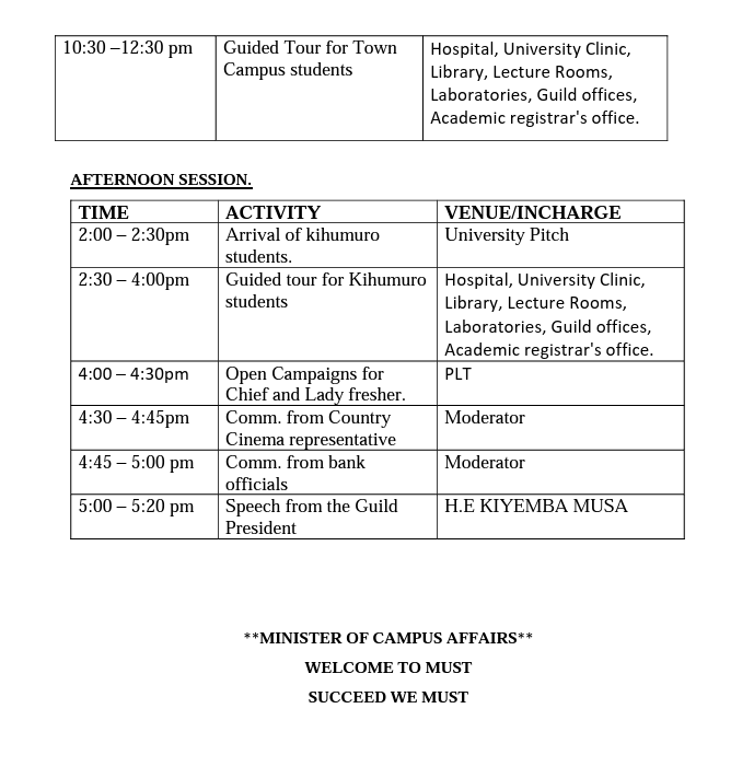 sg_must's tweet photo. To All First Year Students 
Below is the program of the STUDENTS' GUILD   Orientation for Town Campus 
@MbararaUST 
#mustUpdates https://t.co/rHZzWcPHt5