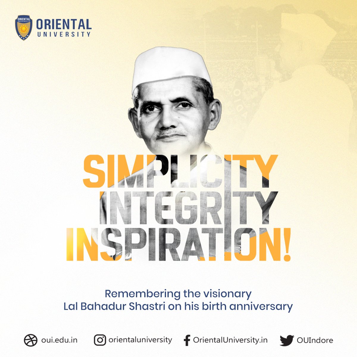 OUIndore's tweet photo. Embracing simplicity, integrity, and inspiration at Oriental University, honouring the visionary Lal Bahadur Shastri on his birth anniversary.
#OrientalUniversity #OUIndore #Orientaluniversityindore #MadhyaPradesh #BestUniversity #QualityEducation #DreamBig #LalBahadurShashtri https://t.co/kllduusKfz