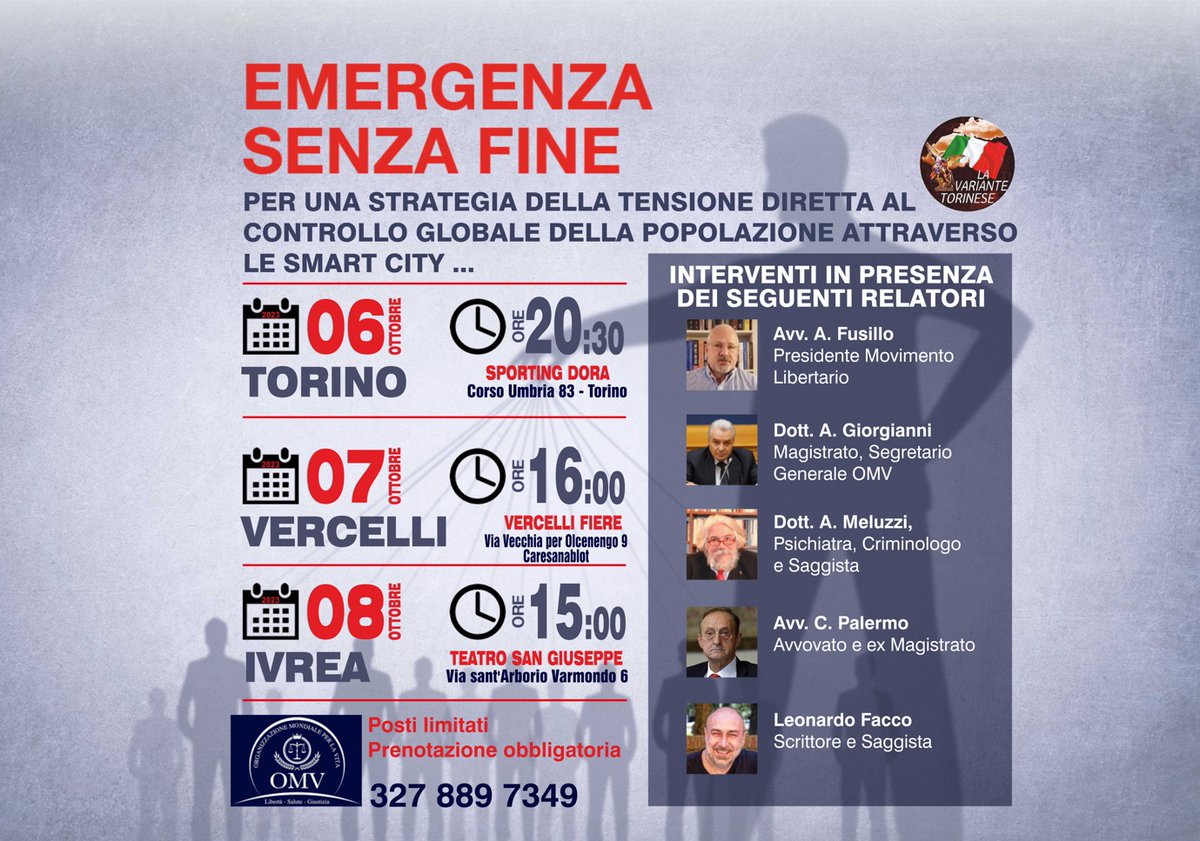 VarianteTorino's tweet photo. ❌️EMERGENZA SENZA FINE❌️
 con :
@a_meluzzi @AlessandroFusi9 

Per prenotazioni obbligatoria
al 327 889 7349 https://t.co/4loVENilud