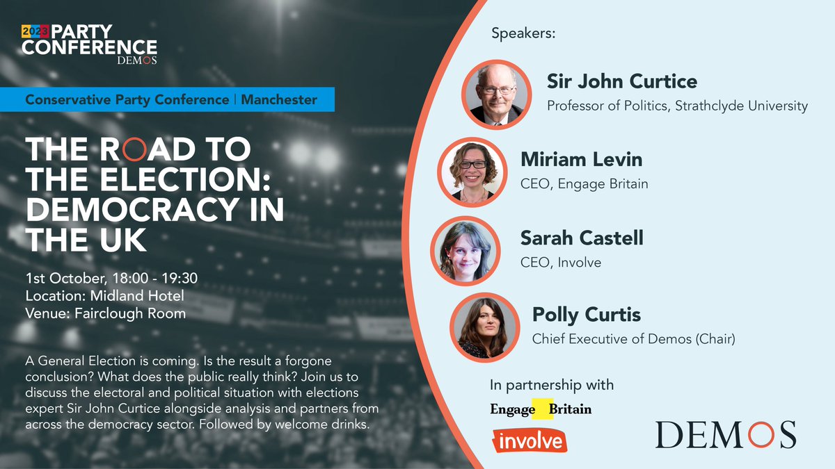 🚨We'll shortly be starting our Conservative party conference event with Sir John Curtice on the public opinion trends shaping our politics.

Also joining us will be democracy experts <a href="/MiriamLevin1/">Miriam Levin</a> &amp; <a href="/sarahcastell/">Sarah Castell</a>🗣️

Details on where to find us⬇️ 

Livestream link to follow📺