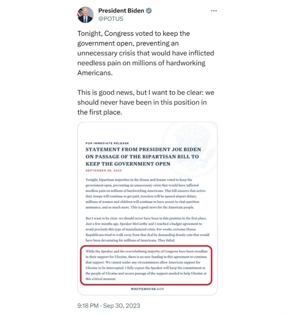 POTUS46Biden's tweet photo. @POTUS @JoeBiden Republican extremists refused to provide the support needed to fund Ukraine as part of this government funding bill.

Let me be clear: the United States government must fund Ukraine, with American issues being addressed only if excess funding remains…

https://t.co/KYaBlNdeK9. https://t.co/ukYhnKIfrE