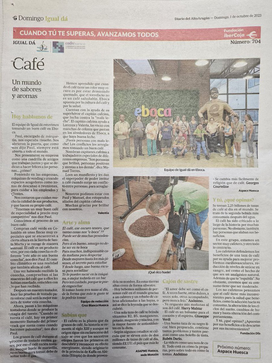 eboca's tweet photo. ¡Feliz #DiaInternacionalDelCafe! Nos hace especial ilusión celebrarlo compartiendo la visita del equipo de Igual Dá de @CadisHuesca publicada hoy en @altoaragon ¡gracias amigos por hacer algo así de especial para celebrar este día!
#cafe #somoseboca #eboca https://t.co/akcpLYywZJ