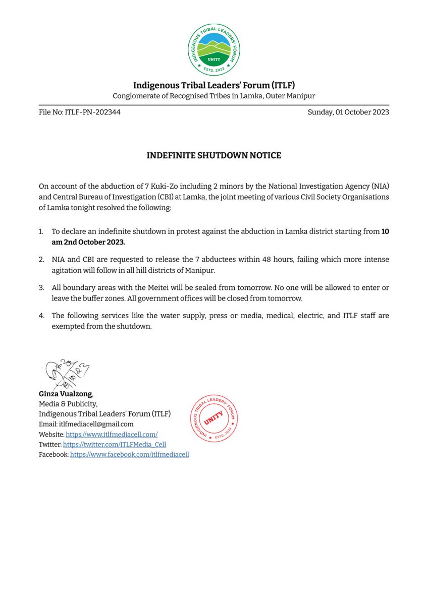 🚨 INDEFINITE SHUTDOWN ALERT 🚨

🔴 Selective justice by the Govt at New Delhi and Imphal will no longer go unnoticed!

📢 We, the Indigenous Tribal Leaders’ Forum (ITLF), stand united against the abduction &amp; arrest of 7 Kuki-Zo individuals, including 2 minors, by the National