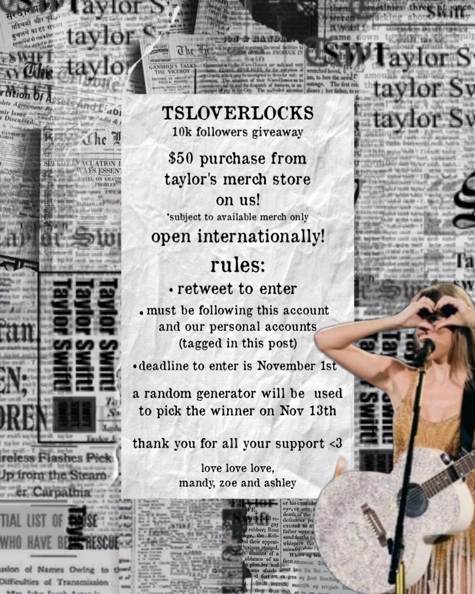 10K followers GIVEAWAY!! 

one lucky follower will receive any item they want from taylor's merch store (up to $50)

✨RT TO ENTER✨

we want to thank you all for supporting our account bc we love making these edits 🫶🏼

*open internationally, see rules below
