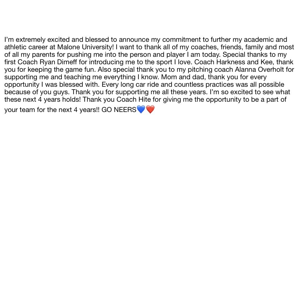 I’m excited and blessed to announce my commitment to further my academic and athletic career at Malone University! GO NEERS💙❤️