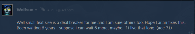 KasraRahimiDev's tweet photo. I was searching online to see if I could increase the UI font size in @baldursgate3 as the game has so much reading, and then I saw this comment. Damn! I hope I still play CRPGs when I'm 71. https://t.co/4vkkiYRfj2