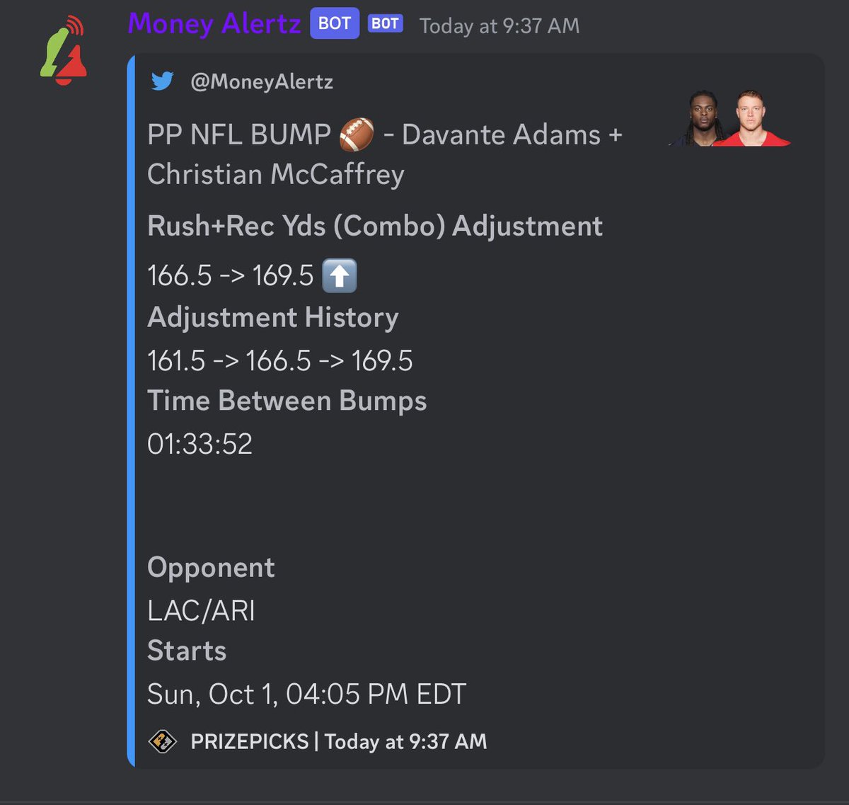 PropGeekZeke's tweet photo. PrizePicks is F**KING ridiculous. This has to be the most scummy and disgusting thing they have EVER pulled. 

The Adams/CMC combo was set to 161.5. They bumped it up 3 times across 7 hours. 

At 12:45 they decided to DNP it because it was 35 yards off. They forgot to adjust that specific line to Elijah Mitchell news. Every other CMC line was adjusted. 

We found that specific line and got edge. It’s what you are suppose to do as a gambler. 

This line was up for over 8 hours and was barely off. If they can DNP this, that says so much about them as a company. 

Like/RT for awareness!! This shouldn’t be allowed. 

#GamblingTwitter #GamblingX