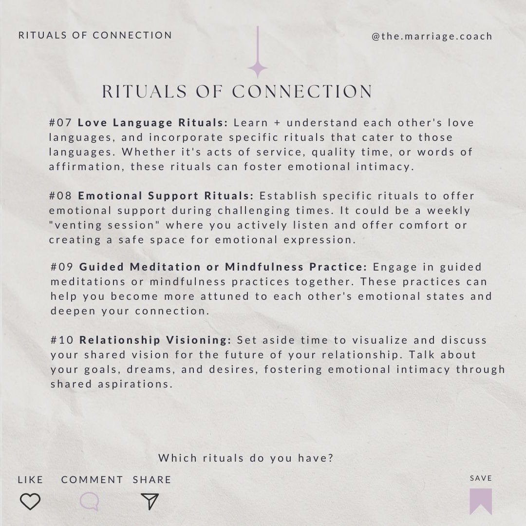 TO strengthen your bond in your relationship...
you need to create rituals of connection:

#RelationshipGoals #ritualsofconnection #coaching #therapy #relationshiphelp  #relationship