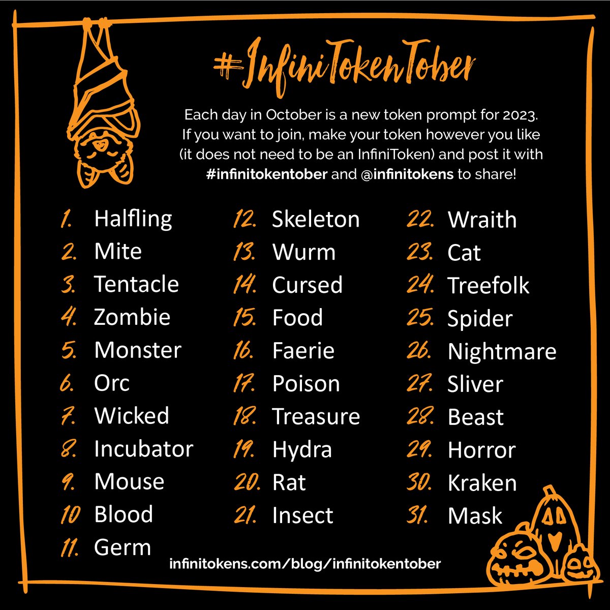 InfiniTokens's tweet photo. It's that time of year again, #InfiniTokentober! Each day is a new token prompt that you can try (whether on an InfiniToken or not).
See info and previous years tokens in the link below. Tag #InfiniTokentober and @InfiniTokens if you want to share. Most of all, have fun! https://t.co/4vJRwG0Xns