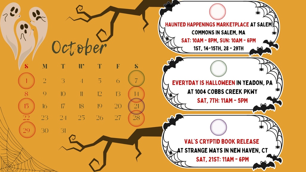 Here is QD's Market and Event Schedule for October 2023! Salem 🧹, Halloween 🎃, and Cryptids! 👻What more can you ask for, we got it all covered!

#shopsmall #supportsmallbiz #halloween #fallishere #cryptids #salem #thingstodoinsalem #thingstodoinct #thingstodoinpa